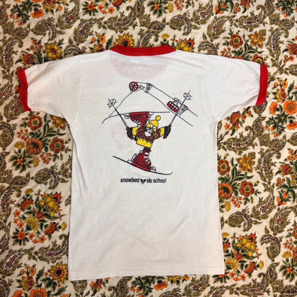 Vintage 70s Snowbird Ski School Ringer T Shirt Red White Graphic Tee Adult S
